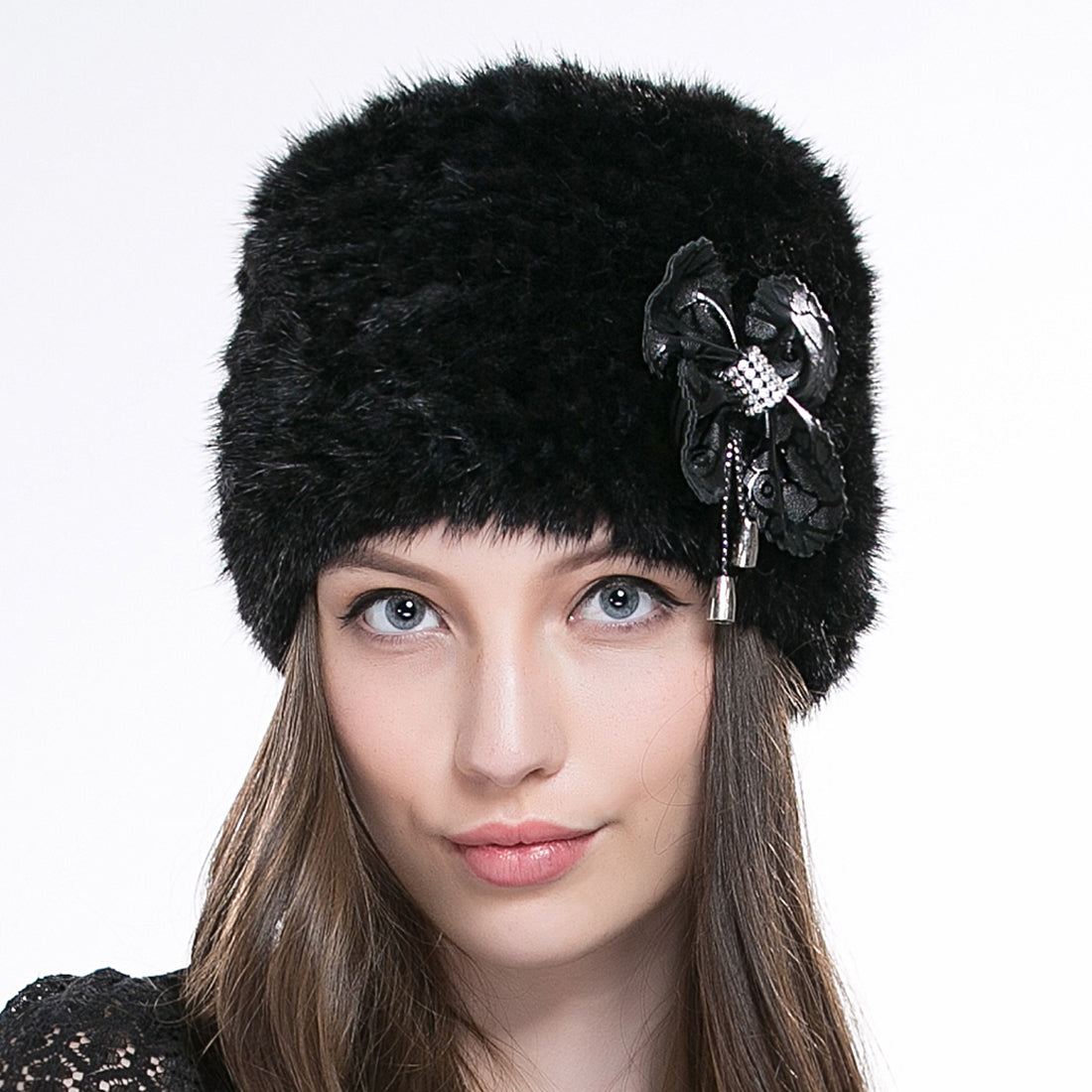 Women Authentic Real Mink Fur Knit Beanie Hat Cap Headgear With Flower