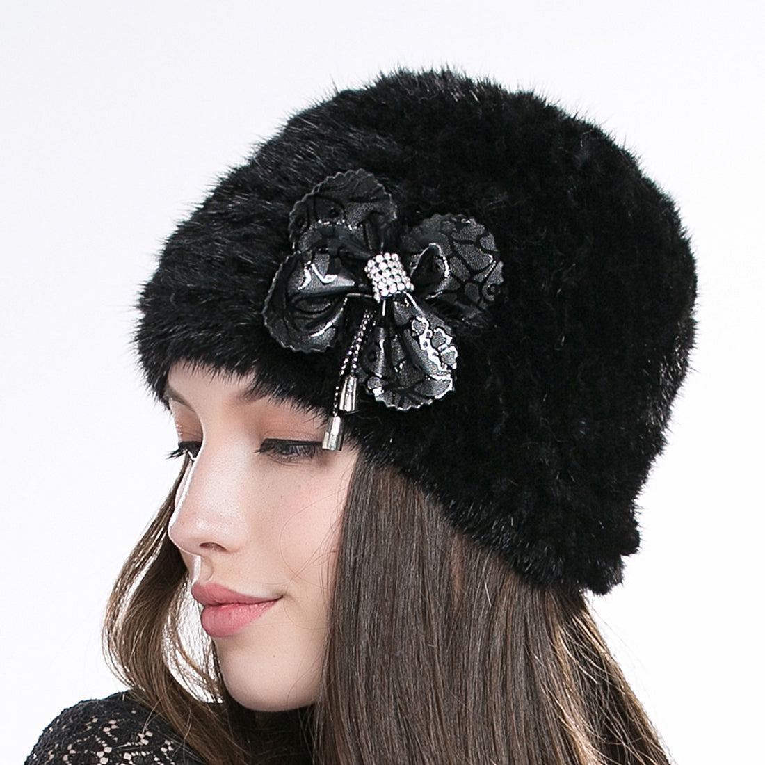 Women Authentic Real Mink Fur Knit Beanie Hat Cap Headgear With Flower