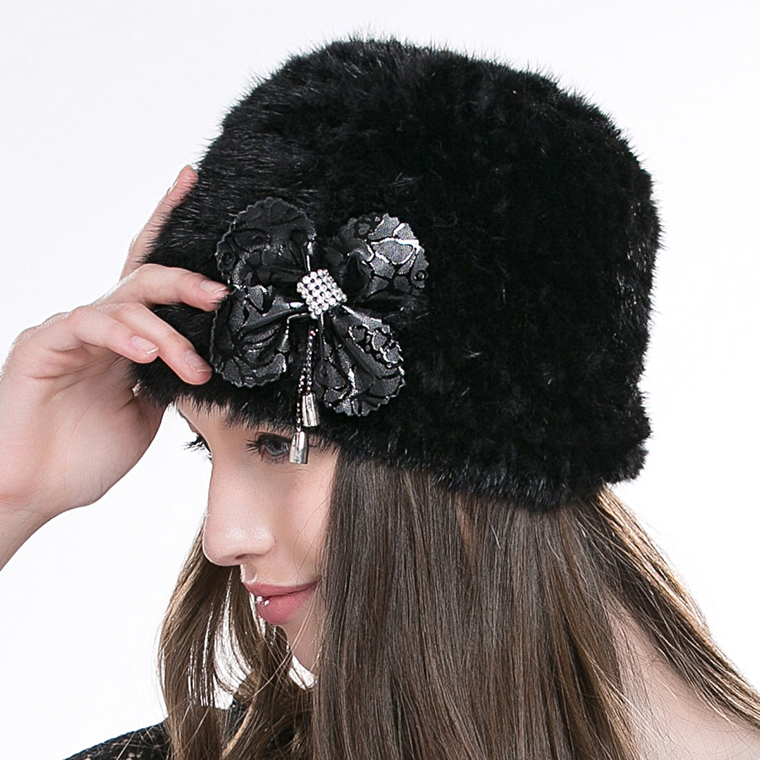 Women Authentic Real Mink Fur Knit Beanie Hat Cap Headgear With Flower