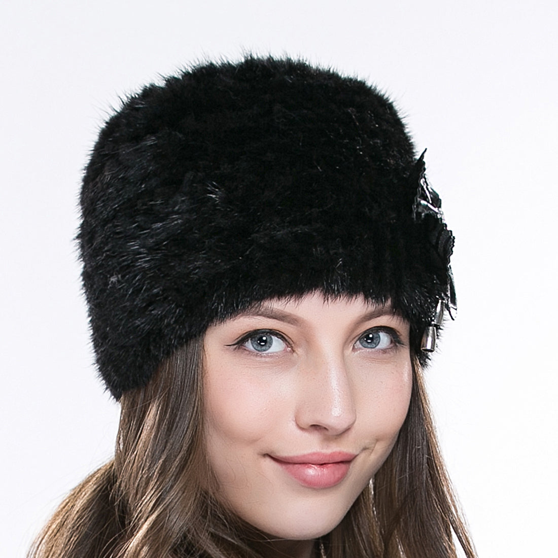 Women Authentic Real Mink Fur Knit Beanie Hat Cap Headgear With Flower