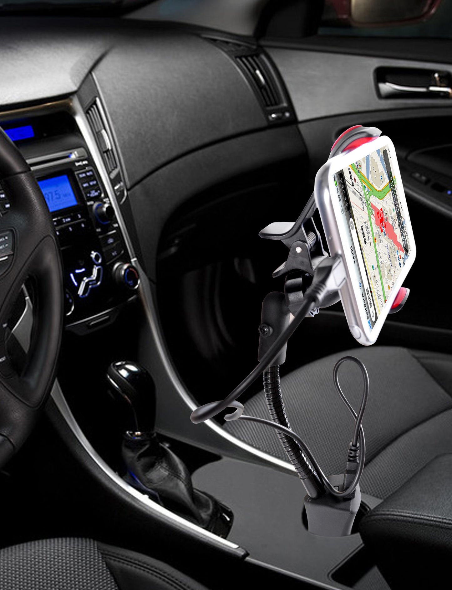 HC05 360 Degree Car Cigarette Phone Holder Mount Stand 5V 2.1A Dual USB Charger CradleWith 1 Built-In USB Charging Ports