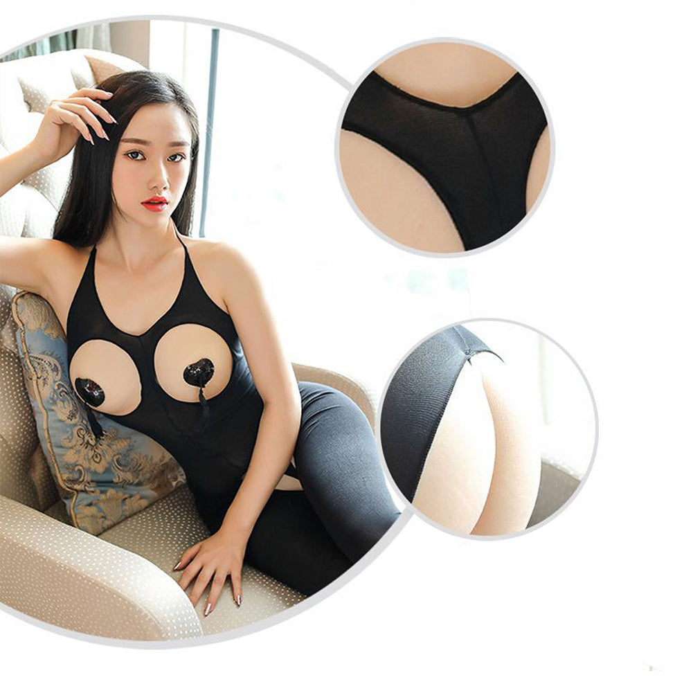 Women Sexy Jumpsuit Open Crotch Sleepwear See-through Stockings Lace Gift