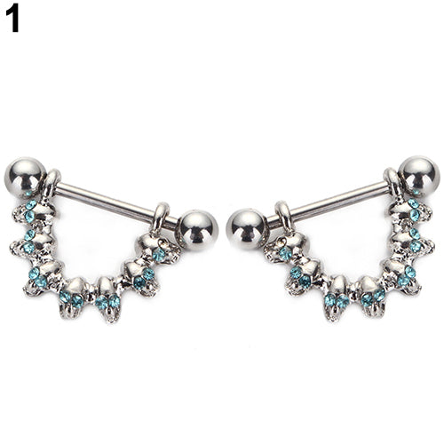 1 Pair Women's Fashion Skull Rhinestone Dangle Nipple Ring Piercing Bar Jewelry