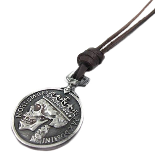 Men's Women's Round Skull Charm Vintage Genuine Leather Necklace Sweater Chain