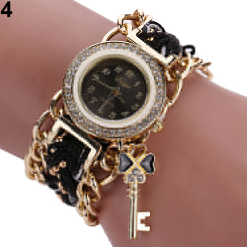 Women's Fashion Rhinestone Clover Key Pendant Braided String Chain Wrist Watch