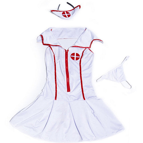 Women's Sexy Role Play Nurse Uniform V-Neck Dress G-String Hat Costume Outfit