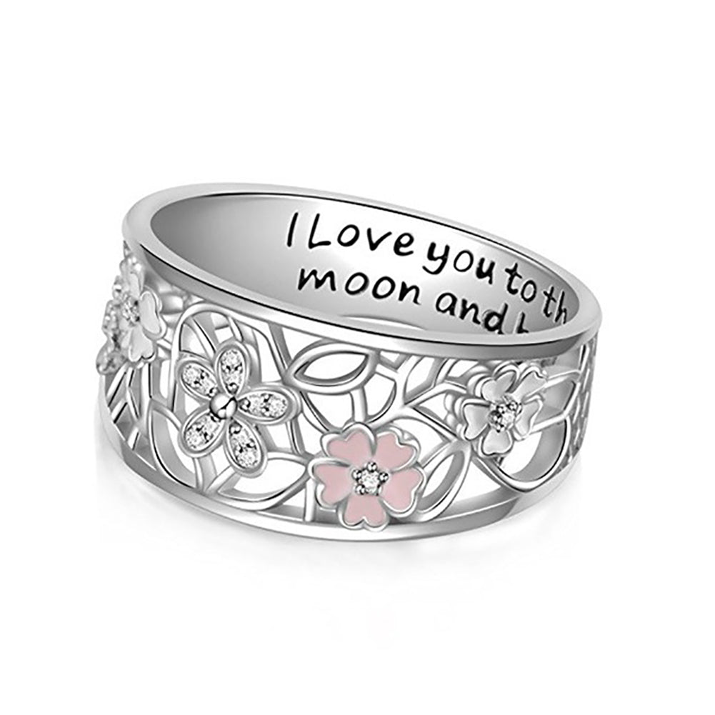 Women Fashion Hollow Flower Letters Rhinestones Ring Jewelry Birthday Gifts