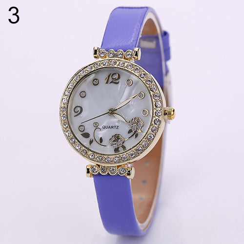 Women's Flower Rhinestone Watch Fine Faux Leather Strap Quartz Gift Wristwatch