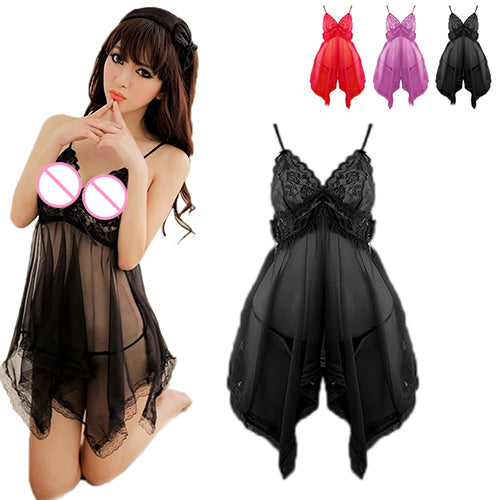 Women Lady Flower Lace Irregular Hem Babydoll Sleepwear Nightwear with G-String