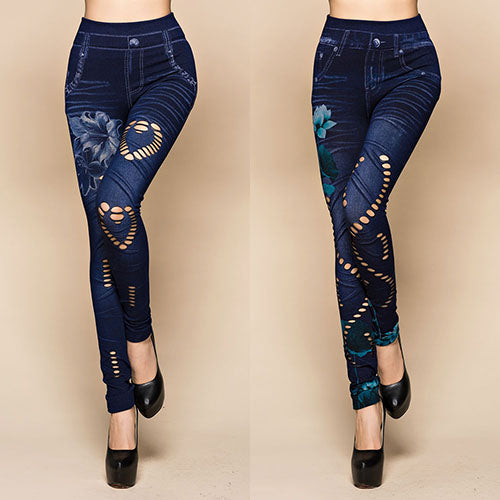 Women's Sexy Hollow Cut Elastic Pants Flower Print Skinny Jeans Denim Leggings