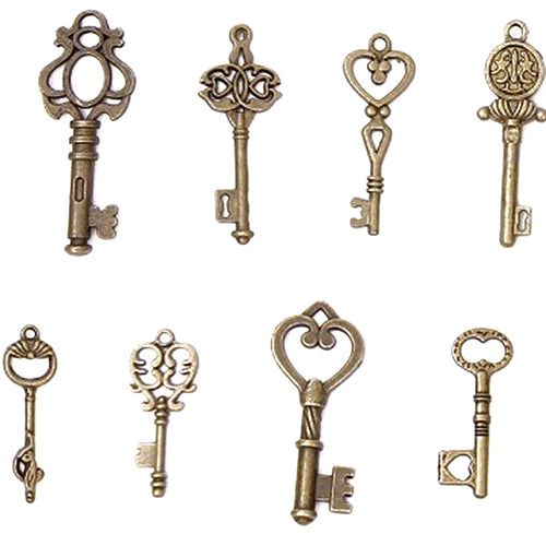 15 Pcs Antique Vintage Old Look Bronze Keys Heart Bow Pattern Necklace Pendant