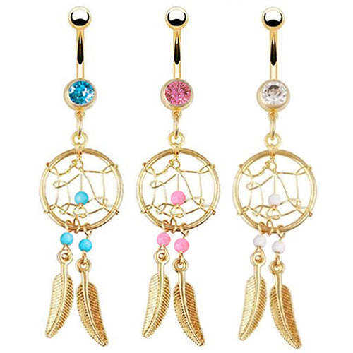 Gold-tone Dream Catcher Feather Rhinestone Beads Belly Button Navel Ring Barbell