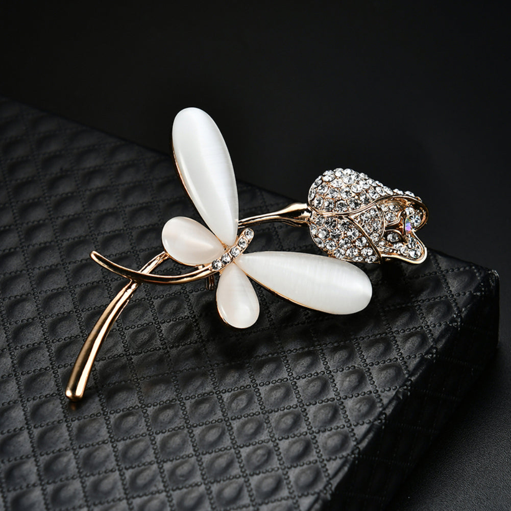 Women Jewelry Breastpin Dragonfly Flower Shiny Zircon Big Faux Pearl Brooch Pin