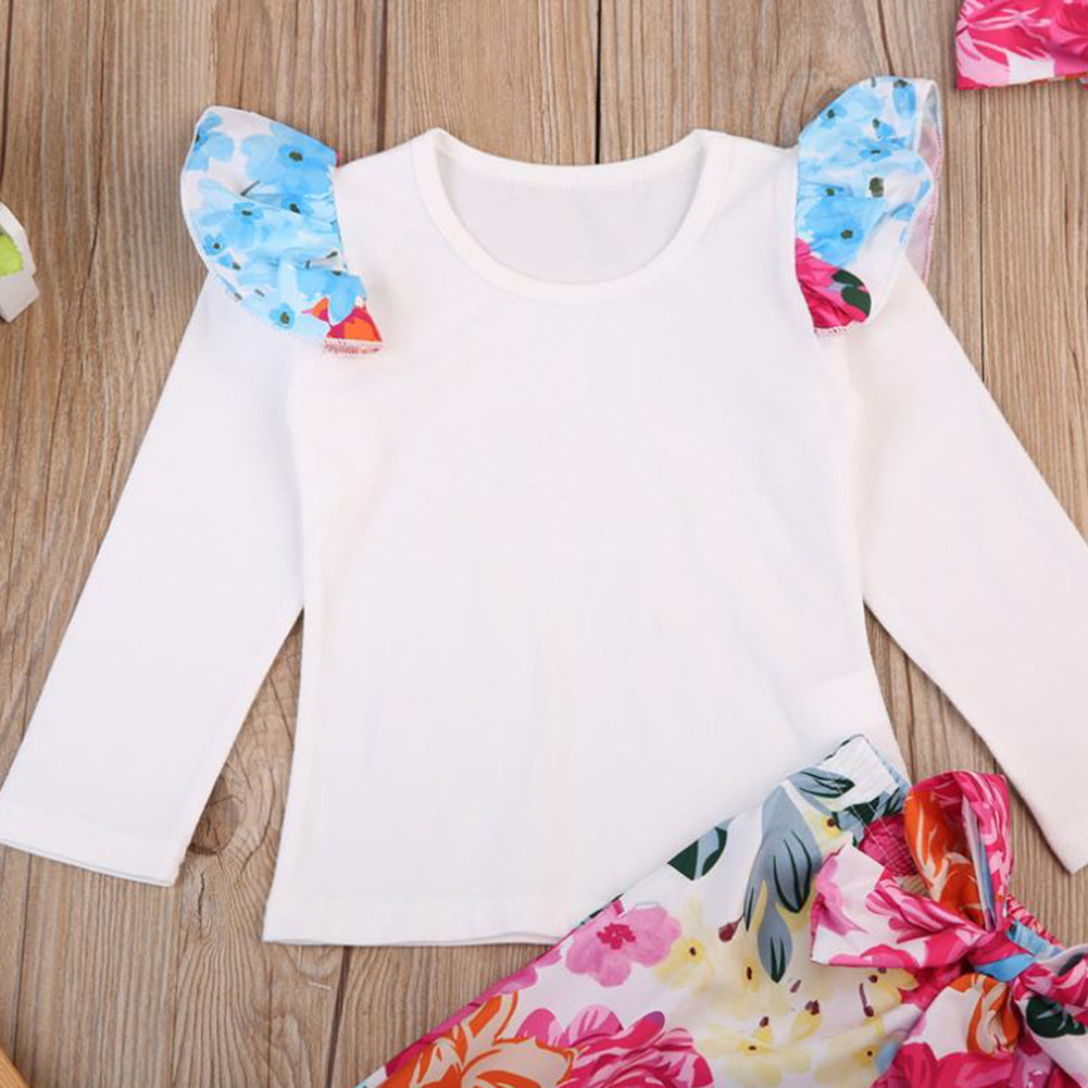 Newborn Baby Girl 3 Pcs Outfit Flower T-shirt Floral Pants Bowknot Hairband Set