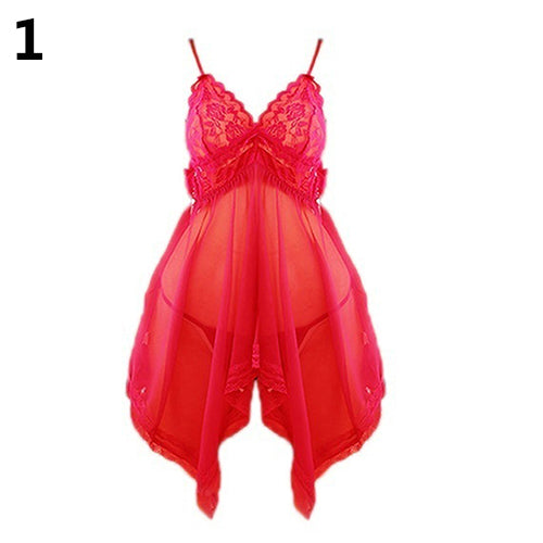 Women Lady Flower Lace Irregular Hem Babydoll Sleepwear Nightwear with G-String