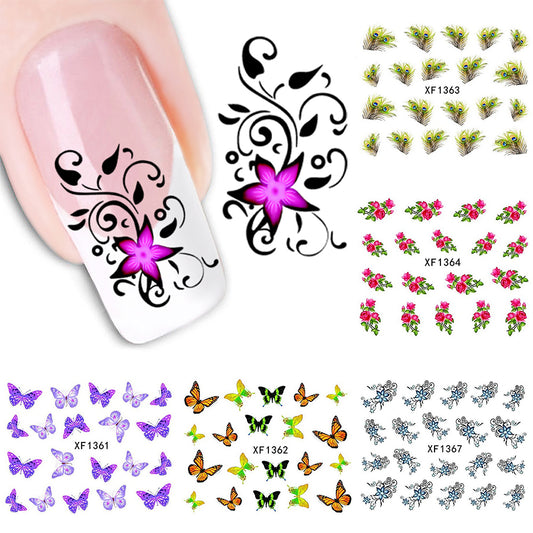 Elegant Women Butterfly Flower Peacock Feather Water Transfer Nail Art Sticker