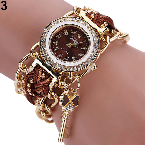 Women's Fashion Rhinestone Clover Key Pendant Braided String Chain Wrist Watch