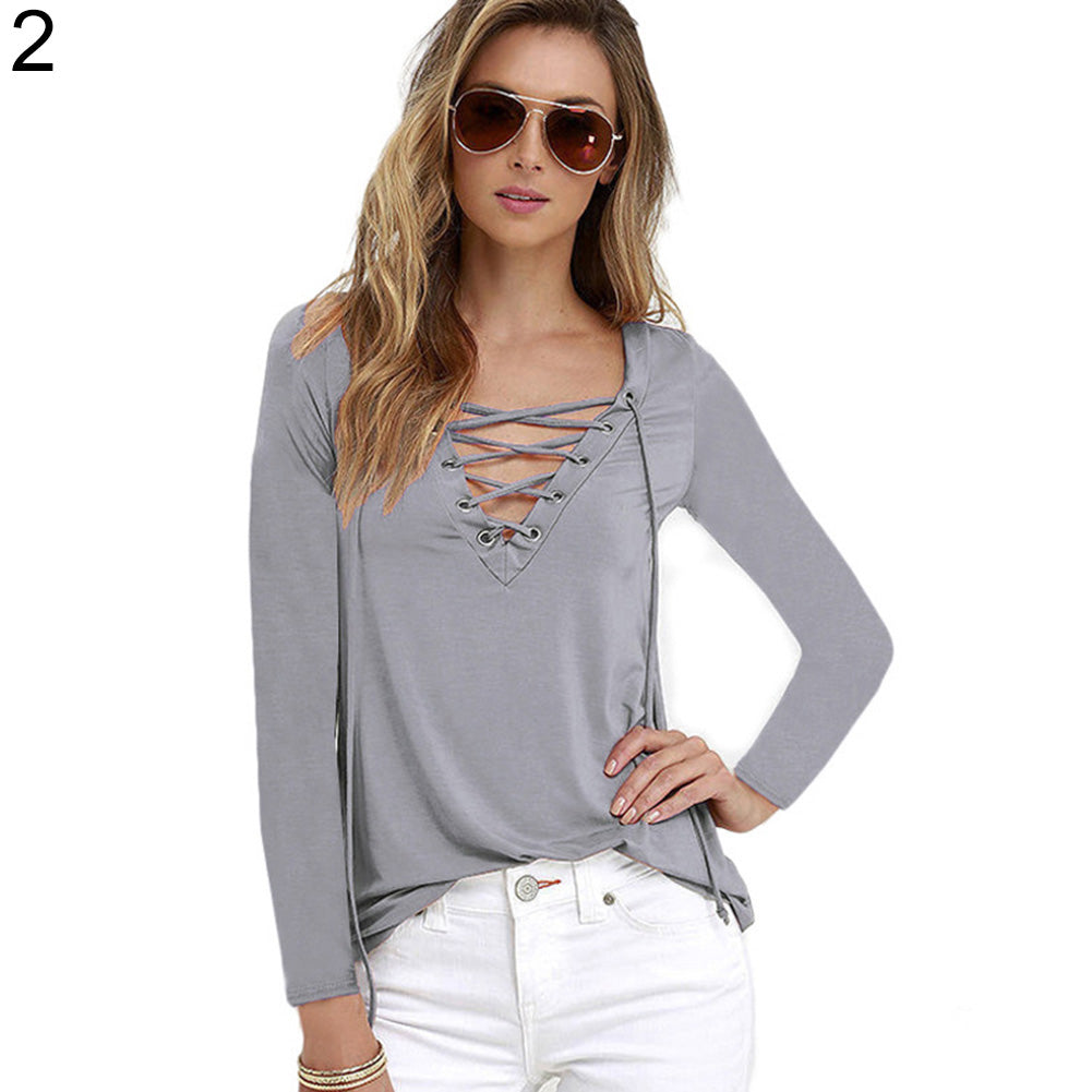 Women Sexy Plain Deep V Neck Cross Eyelet Lace Up Long Sleeve Blouse Top Shirt