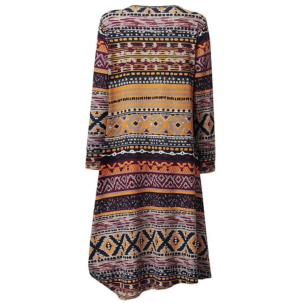 Retro Printed Round Neck Long Sleeve Irregular Women's Casual Loose Long Dress