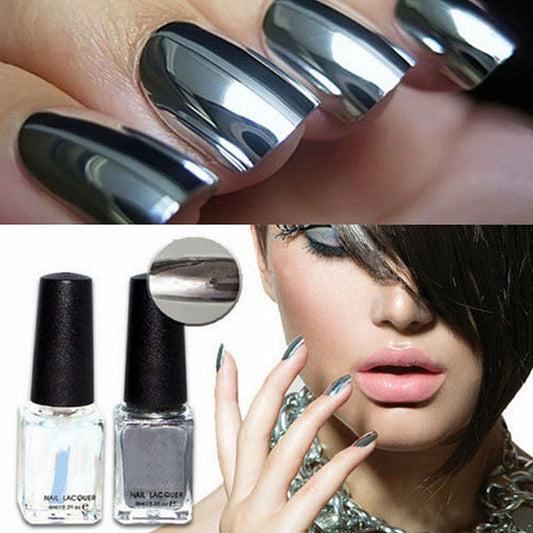 2Pcs Silver Metal Mirror Effect Metallic Nail Art Polish Varnish  and  Base Coat Nail DIY