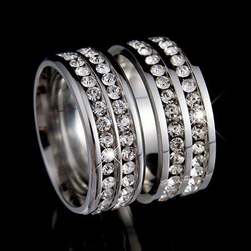 Womens Mens Fashion Double Rows Rhinestones Titanium Steel Wedding Jewelry Ring