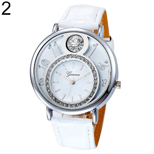 Women's Luxury Rhinestone Round Dial Faux Leather Strap Quartz Wrist Watch