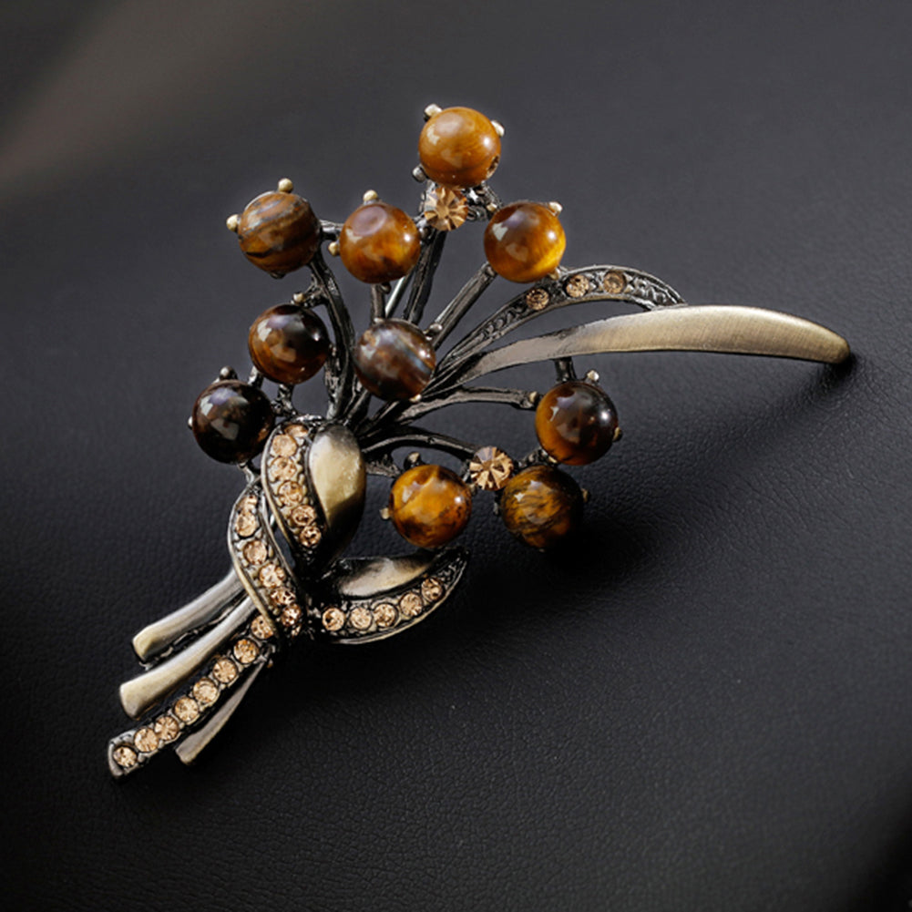 Round Stone Bead Shiny Rhinestone Flower Bouquet Style Women Brooch Pin Jewelry