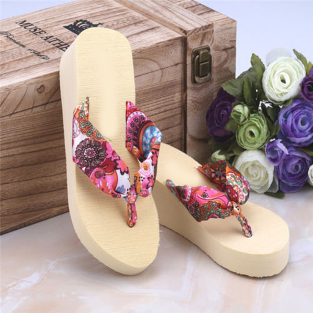 Women Summer Beach Soft Wedge Shoes Bohemia Flip Flops Flat Platform Slippers