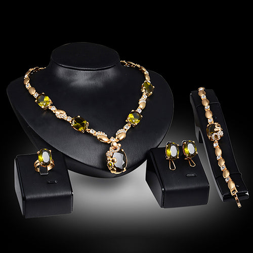 Retro Women Zircon Waterdrop Pendant Necklace Ring Earrings Bracelet Jewelry Set