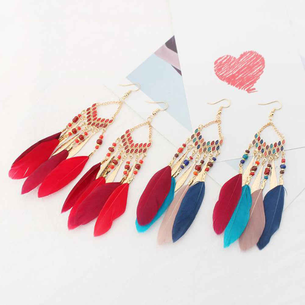 Women Feather Dangle Bohemian Ethnic Tassels Beads Drop Hook Earrings Jewelry