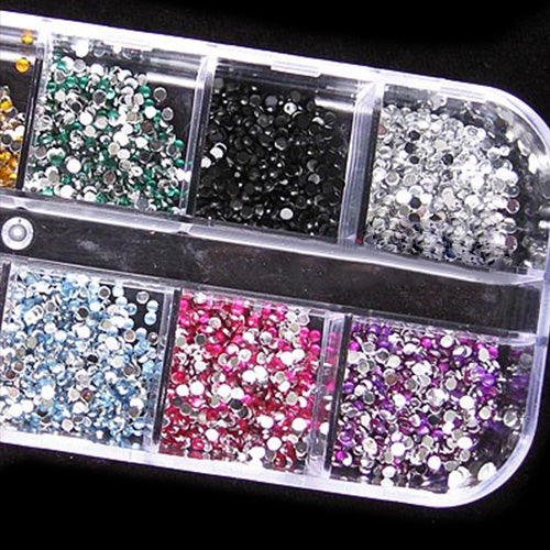 1200x Bling 2mm Mixed Color Nail Art Tips Acrylic Manicure Nail Stickers + Case