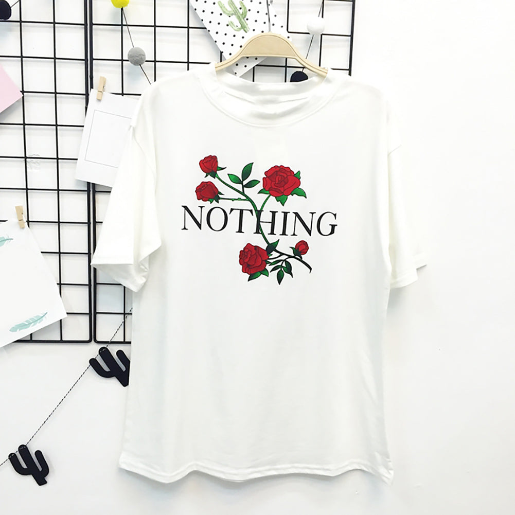 Nothing Letter Print Rose Flower Short Sleeve T-shirt Summer Women's Tee Top