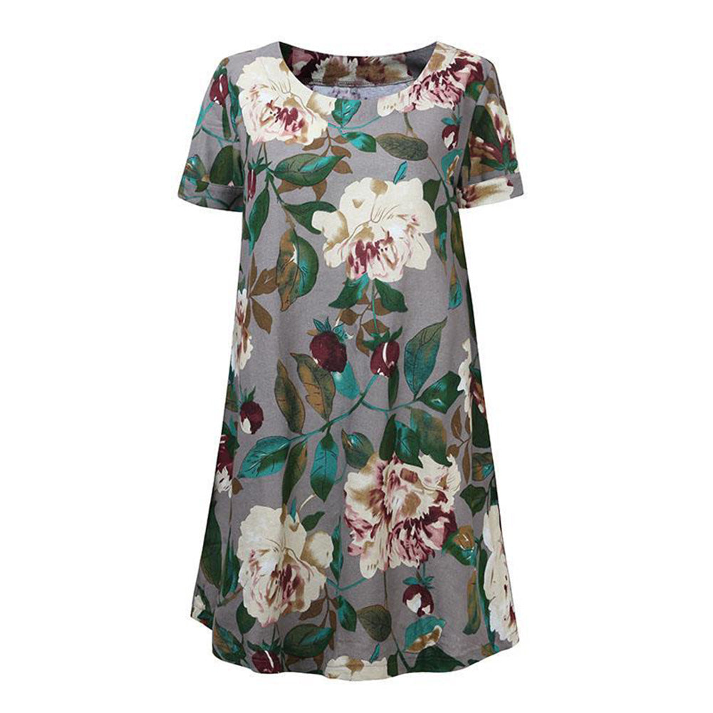 Summer Women Floral Print Short Sleeve Long Shirt Plus Size Loose Mini Dress
