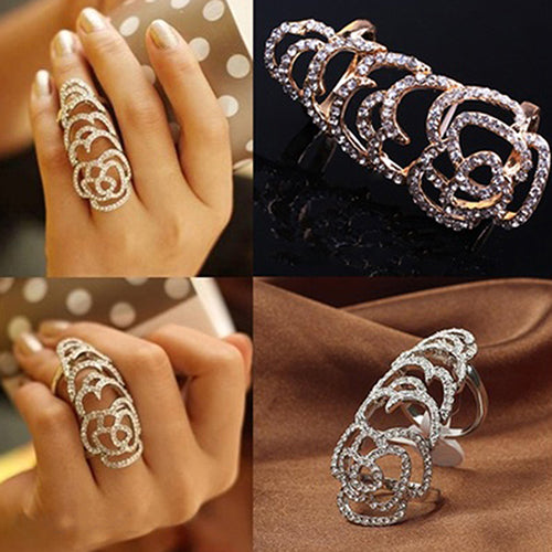 Women Bendable Hollow Twinkling Rhinesone  Rose Knuckle Finger Chic Joint Ring