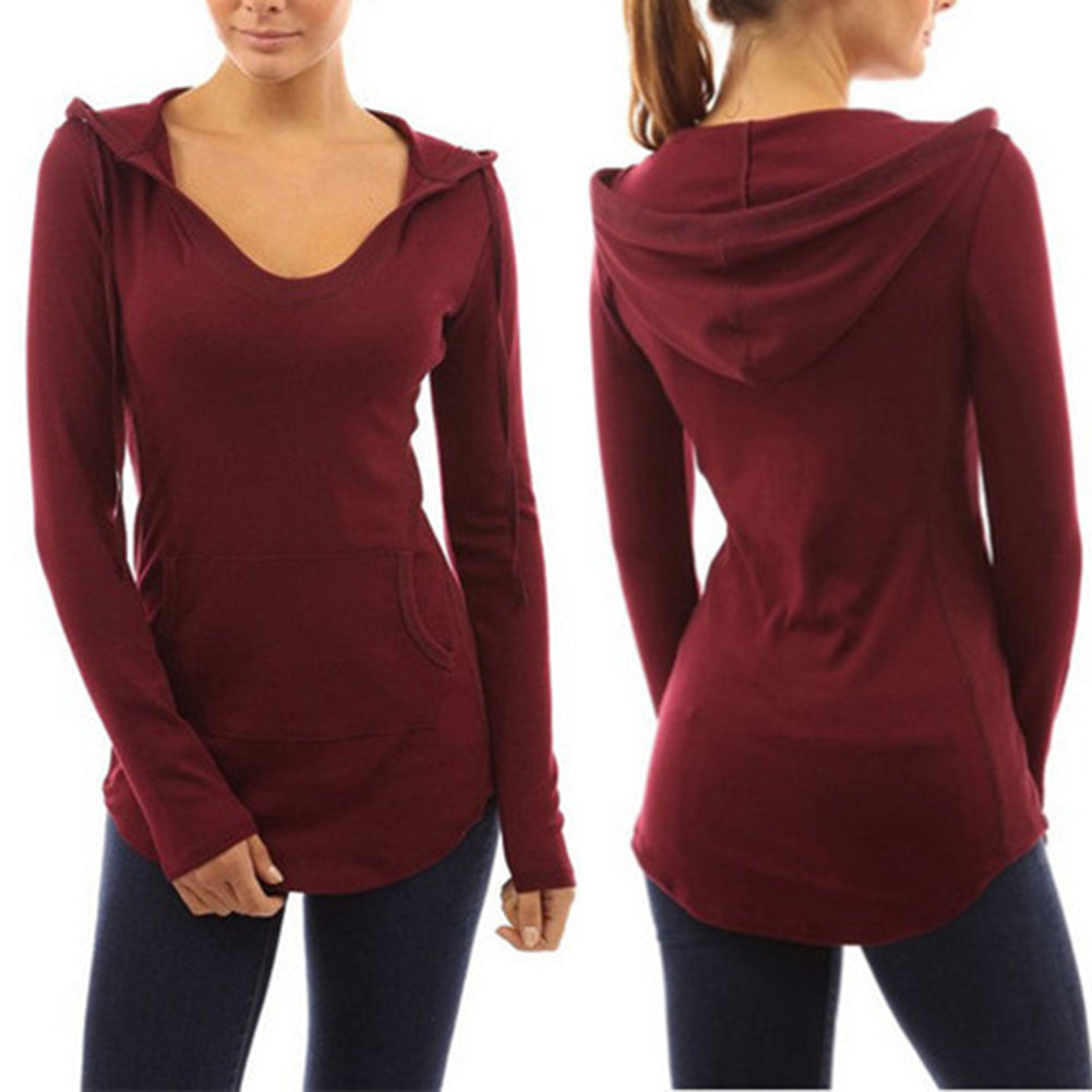 Long Sleeve Sweatshirt Women's Hoodie Pocket Slim Pullover Jumper Hooded Top