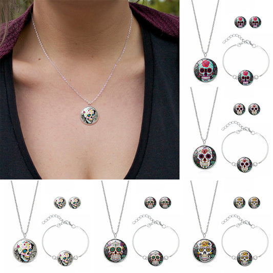 Fashion Women Skull Rose Earrings Necklace Bracelet Halloween Accessories Set