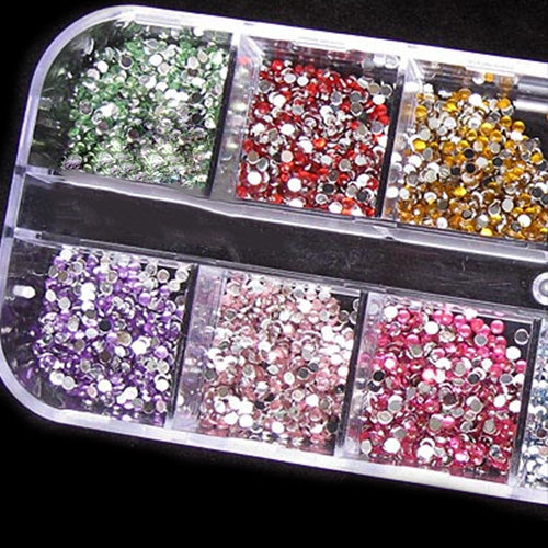 1200x Bling 2mm Mixed Color Nail Art Tips Acrylic Manicure Nail Stickers + Case