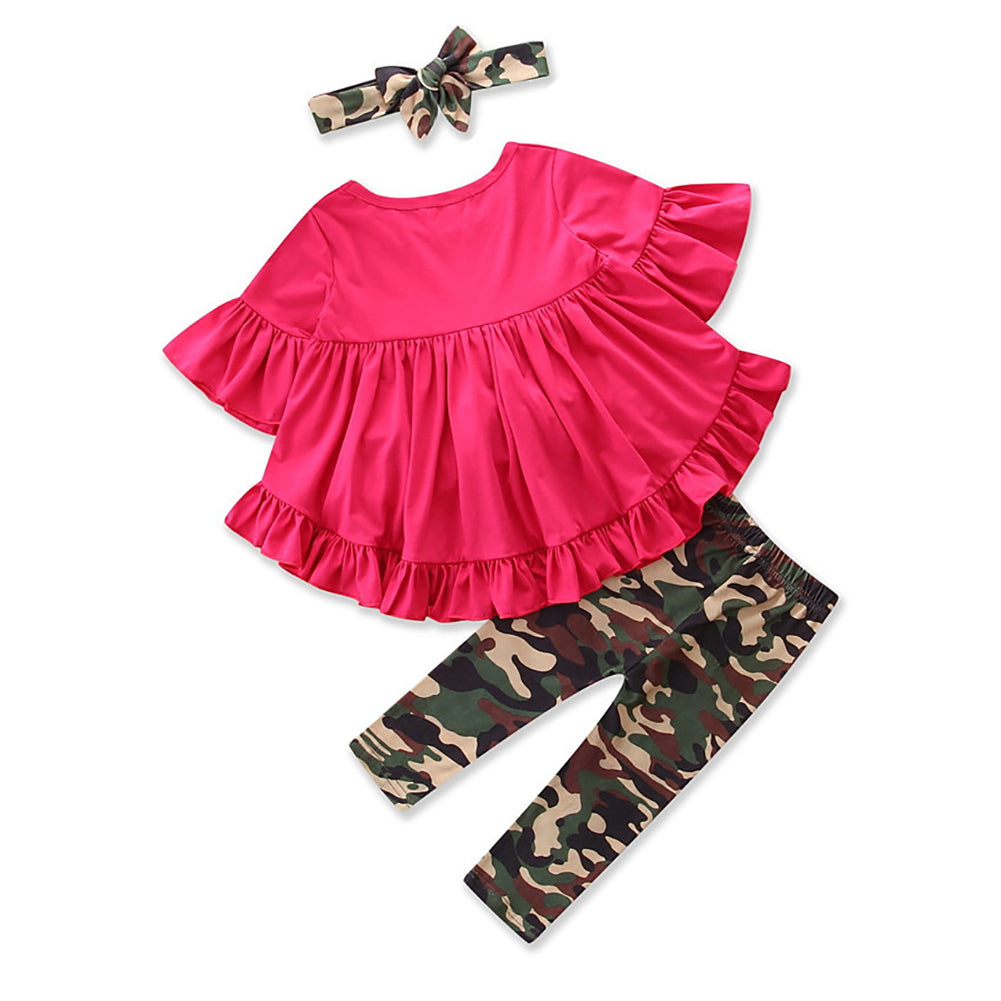 Summer Ruffle Top Blouse Camouflage Leggings Bowknot Headwear Baby Girl Outfit