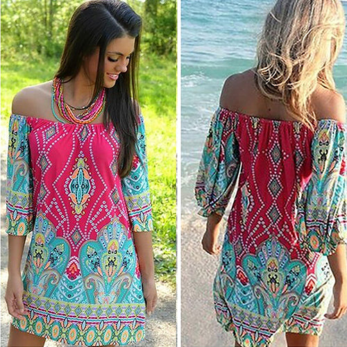 Women's Bohemia Style Sexy Off Shoulder Cashew Flower Summer Beach Mini Dress