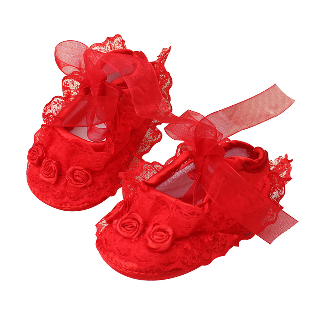 Cotton Princess Girl Shoes Anti-Slip Soft Sole Baby Toddler Lace Flower Footwear