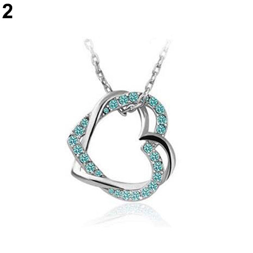 Women's Fashion Silver Plated Double Hearts Rhinestone Pendant Long Necklace