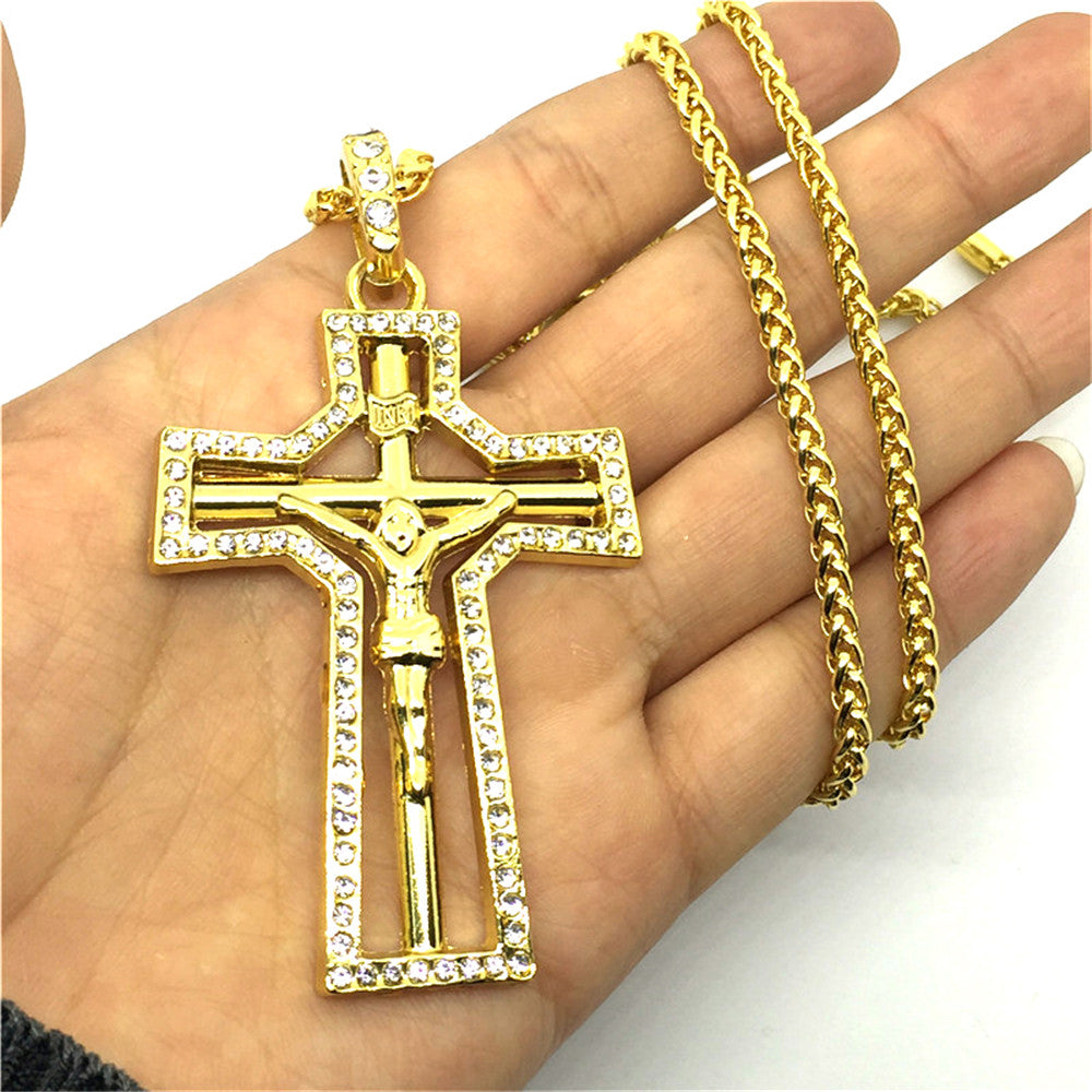 N0107 Hollow Religon Cross Pendant Hip Hop Gold Plated Jesus Necklace Jewelry Crystal Style