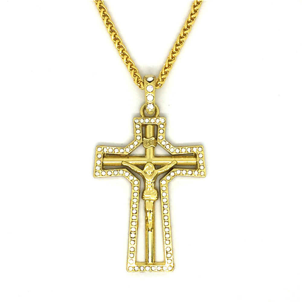 N0107 Hollow Religon Cross Pendant Hip Hop Gold Plated Jesus Necklace Jewelry Crystal Style