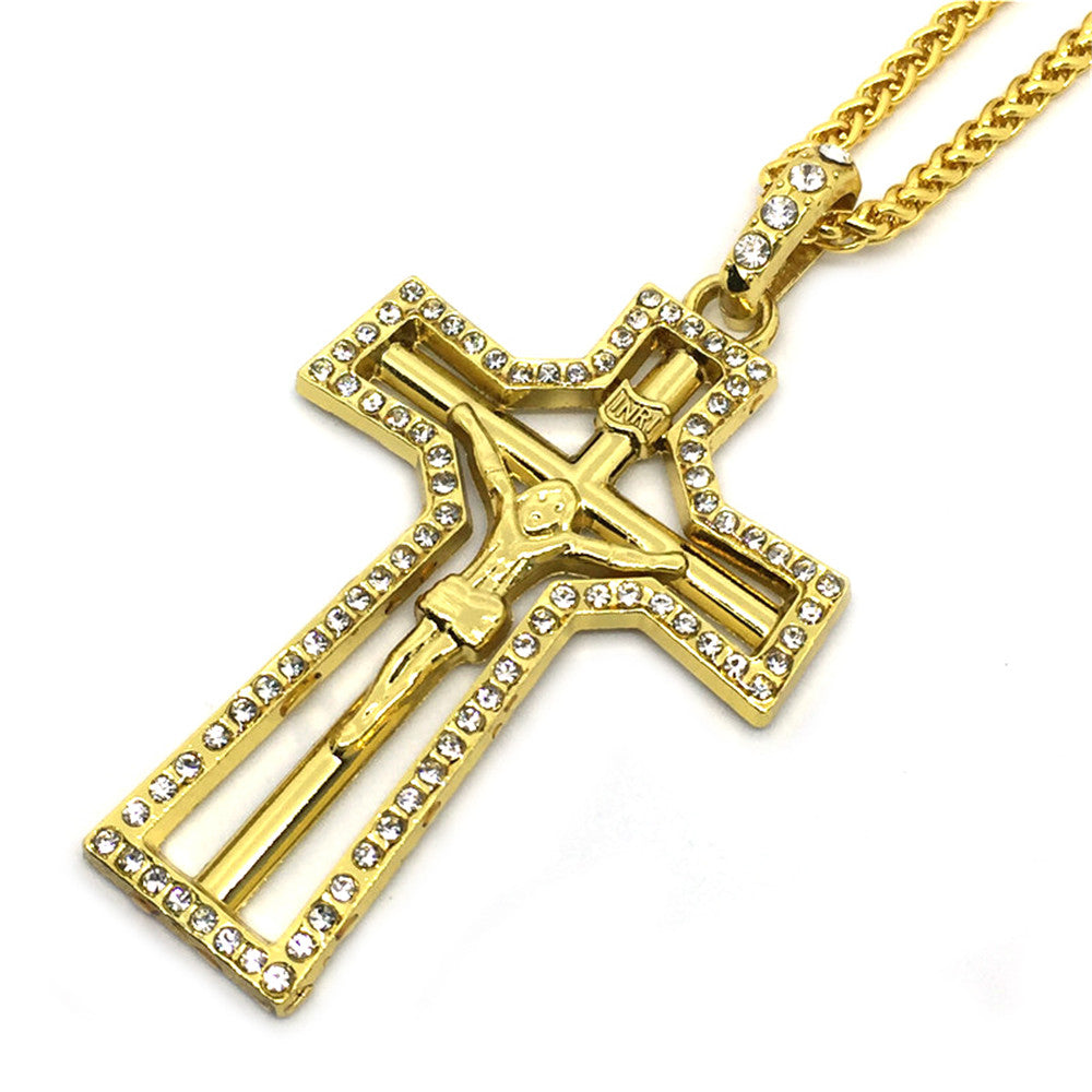 N0107 Hollow Religon Cross Pendant Hip Hop Gold Plated Jesus Necklace Jewelry Crystal Style