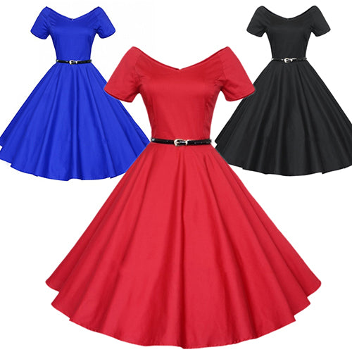 Women's Vintage Wide V-neck Long Swing Dress Short Sleeve Cocktail Party Dress