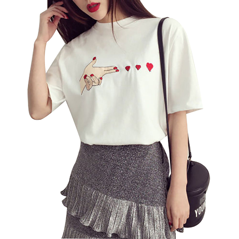 Women Summer Fashion Causal Finger Heart Hand Short Sleeves T-shirts Blouse