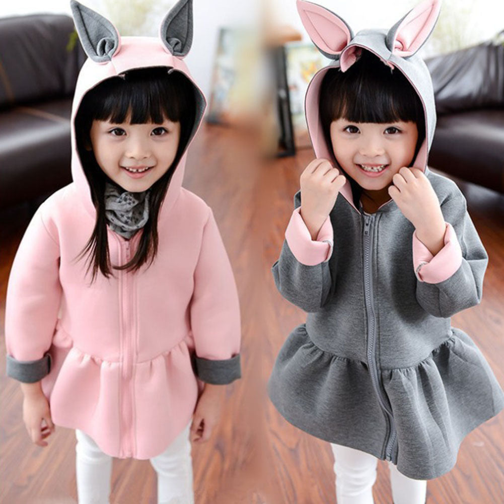 Kid Girls Cute Rabbit Ear Hoodies Coat Casual Long Sleeve Top Zipper Outwear
