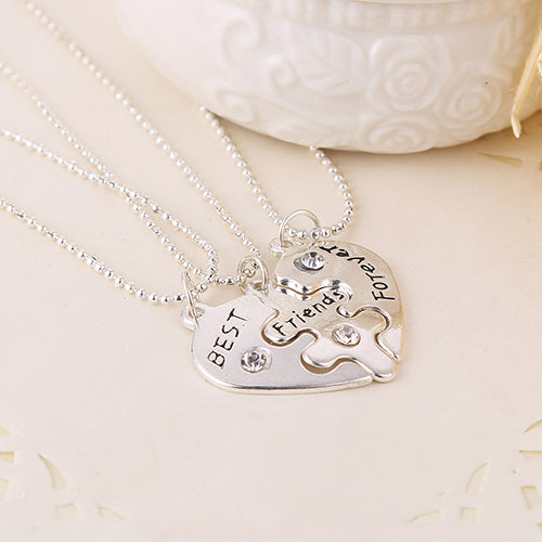 3Pcs Women's Best Friends Forever Split Heart Friendship Necklace Set Jewelry