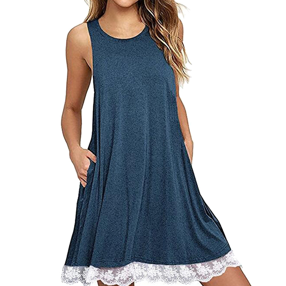 Women's Sleeveless Casual Loose Lace Stitching Trim Summer Fashion Dress Gift