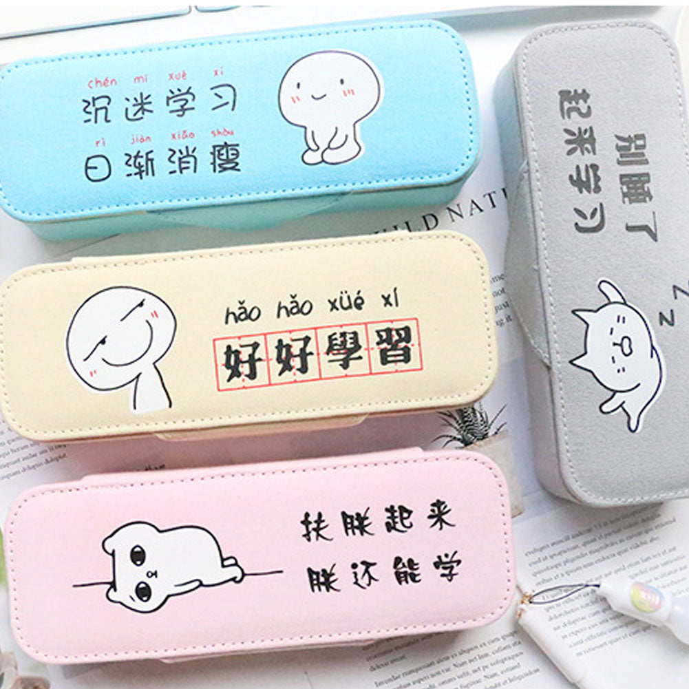 Funny Cartoon Chinese Student Pencil Bag Canvas Stationery Holder Zipper Pouch